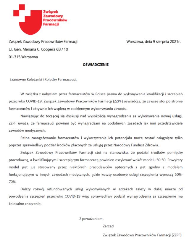 Read more about the article Stanowisko ZZPF w sprawie wynagrodzeń dla farmaceutów wykonujących szczepienia przeciwko COVID 19